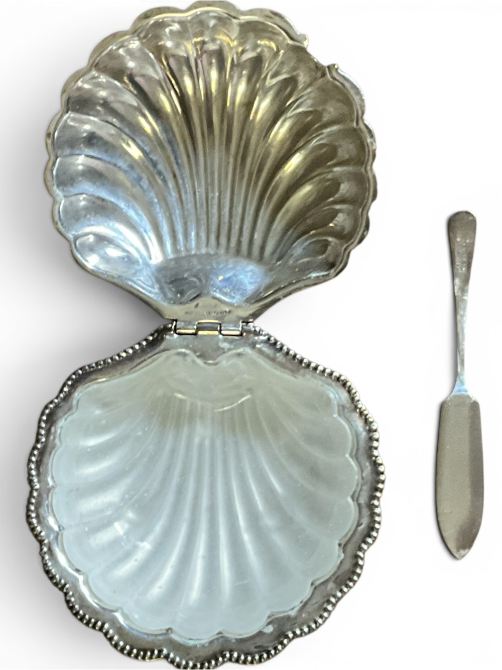 Vintage E & J Leek EPNS Celtic Plate Shell Dish Frosted Glass Insert Spreader